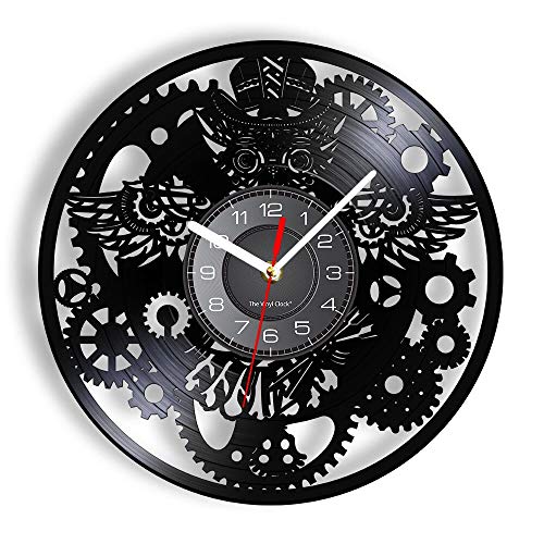ELD 30cm Steampunk Owl Retro Wall Clock Industrial Gears CD Vinyl Album Record Gothic Home Decor Grandfather Victorian Colors Watch with 7 Colors Change Friend Gifts Lamp Lights steampunk buy now online