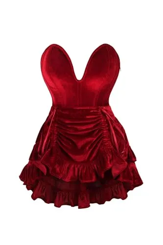 Daisy Corsets Top Drawer 2 PC Steel Boned Dark Red Velvet Plunge Corset & Skirt Set - Luxury Brand, Red, XS steampunk buy now online