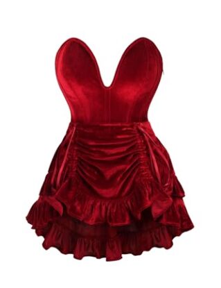 Daisy Corsets Top Drawer 2 PC Steel Boned Dark Red Velvet Plunge Corset & Skirt Set - Luxury Brand, Red, XS steampunk buy now online