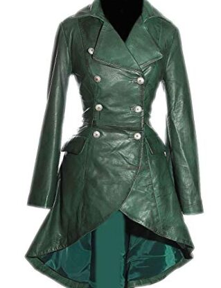 Valentina Green Ladies Women's Military Style Double Breasted Knee Length Designer Steampunk Real Soft Washed Lambskin Leather Fashion Corset Flare Coat Tailcoat (20) steampunk buy now online