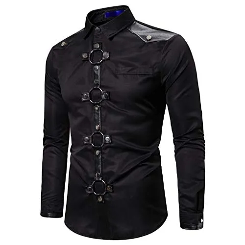 Men's Steampunk Shirt with Lapel, Medieval Long Sleeve T-shirts, Gothic Top Solid Colour Top Leather Patchwork Retro Blouse Buttons for Renaissance Cosplay Courtyard Halloween Victorian Tunic, Black, steampunk buy now online