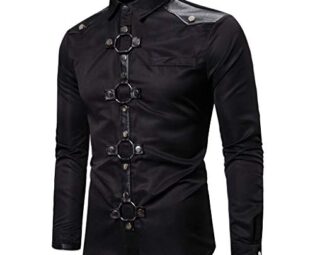 Men's Steampunk Shirt with Lapel, Medieval Long Sleeve T-shirts, Gothic Top Solid Colour Top Leather Patchwork Retro Blouse Buttons for Renaissance Cosplay Courtyard Halloween Victorian Tunic, Black, steampunk buy now online