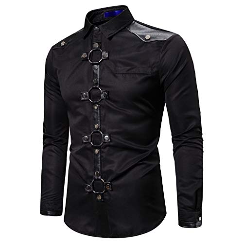 Men's Steampunk Shirt with Lapel, Medieval Long Sleeve T-shirts, Gothic Top Solid Colour Top Leather Patchwork Retro Blouse Buttons for Renaissance Cosplay Courtyard Halloween Victorian Tunic, Black, steampunk buy now online