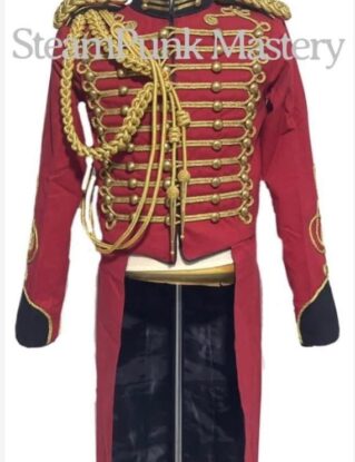 3pcs Hussar Red/black Tail coat with Aiguillette & Eppaulates in chest to fit size 32”,34” 36” ,38” 40” ,42”,44”,46” by SteamPunkMastery steampunk buy now online