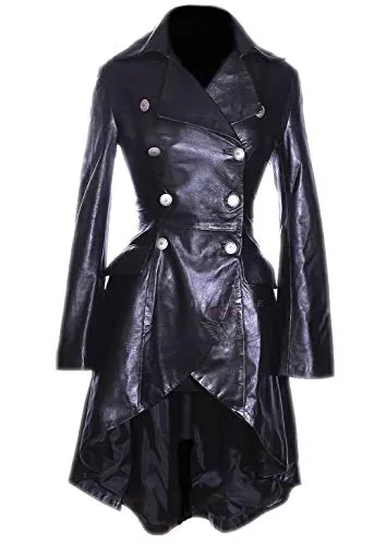 Valentina Black Ladies Women's Military Style Double Breasted Designer Steampunk Real Lambskin Leather Fashion Corset Flare Coat Tailcoat (Sizes: 8 to 22 Available) (20 = (Delivery Time 10 Days)) steampunk buy now online