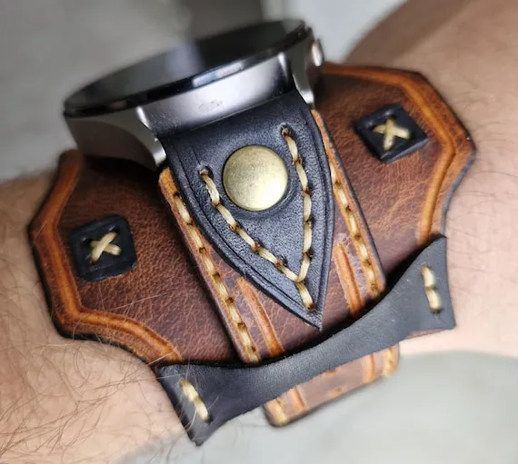 Handmade Leather Watch Strap, Vintage Wide Leather Cuff for Smartwatch and Analog, Steampunk Rustic Watch Band by 3BLEATHERS steampunk buy now online