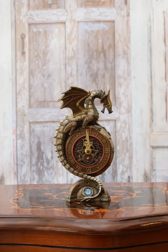 Steampunk Dragon with Clock - Dragon Art Work - Impressive Figure - Steampunk Sculpture - Home Decor - Collector Item by DekorStyle steampunk buy now online