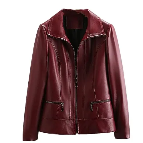Niiyyjj Women Leather Turn Down Collar Jacket Autumn Women's Sheepskin Coat Feminina Casual Outerwear Burgundy 3XL steampunk buy now online