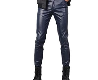 Men Slim Fit Elastic Style PU Leather Trousers Motorcycle Pants Streetwear Warm Fleece Leather Pants Dark Blue steampunk buy now online