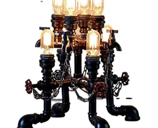 GUOCC Modern 8-lights Vintage Steampunk Water Pipe Desk Lamp Antique Industrial Retro Table Light Restaurant Cafe Bar Decoration Metal Desktop Lighting with Red Wheel Chain E27 Edison Decorative steampunk buy now online