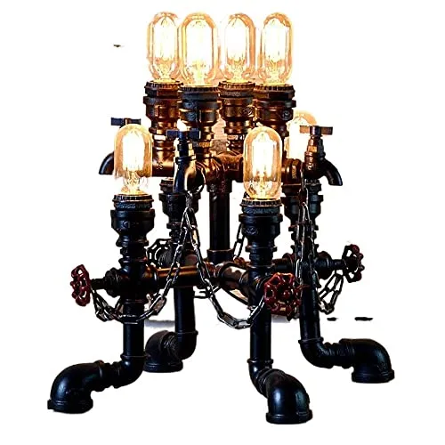 GUOCC Modern 8-lights Vintage Steampunk Water Pipe Desk Lamp Antique Industrial Retro Table Light Restaurant Cafe Bar Decoration Metal Desktop Lighting with Red Wheel Chain E27 Edison Decorative steampunk buy now online