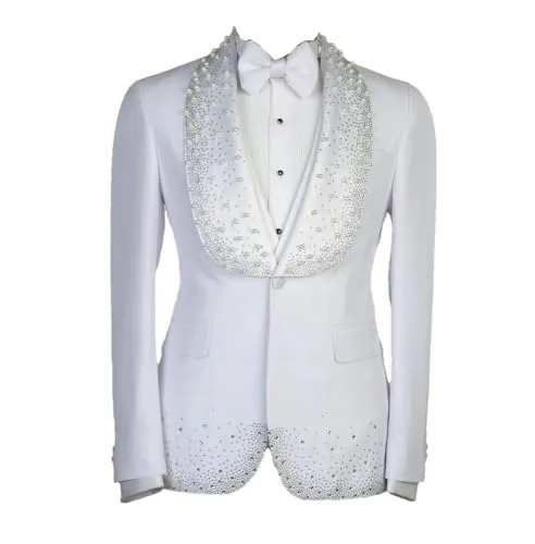 Men's Suits 2 Pieces Blazer Vest One Button Wide Lapel Beads Pearls Diamonds Wedding Formal Suits Plus Size steampunk buy now online