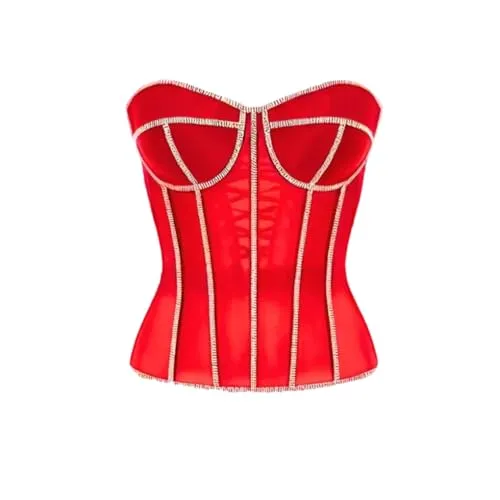 Hdhdeueh Women Luxury Corset Bustier With Cups Rhinestone Bustier Lace Up Steel Bond Transparent Mesh Bodice Red XL steampunk buy now online