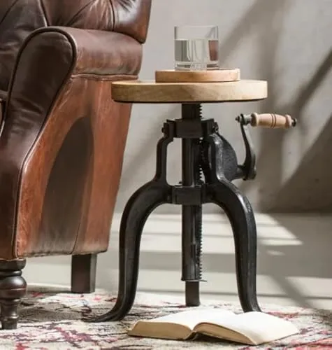 Industrial Side Table Rustic Solid Wood Unit Vintage Retro Style Coffee Round Metal Sofa End Small Adjustable Furniture Steampunk Plant Lamp Stand steampunk buy now online