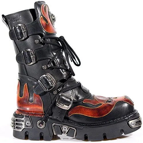 New Rock Flame Leather Platform Boots with Buckles and Metal Accents – Steampunk and Biker Footwear for Men and Women (red, UK Footwear Size System, Adult, Men, Numeric, Medium, 12.5) steampunk buy now online