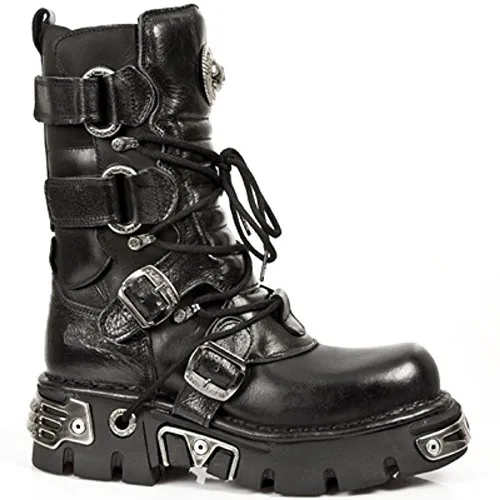 New Rock Men's Gothic Punk Combat Boots – Black Leather High Boots with Metal Buckles | Steampunk Rock Footwear (Black, UK Footwear Size System, Adult, Men, Numeric, Medium, 4) steampunk buy now online