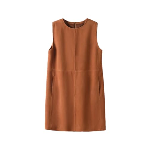 Women Suede Leather Dress Round Neck Genuine Leather Straight Versatile Tank Top Mini Skirts Suede Yellow Brown XL steampunk buy now online