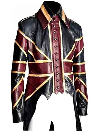 Aksah Fashion Men's UK Flag Vintage Steampunk Union Jack Tail Leather Coat Unisex Jacket steampunk buy now online