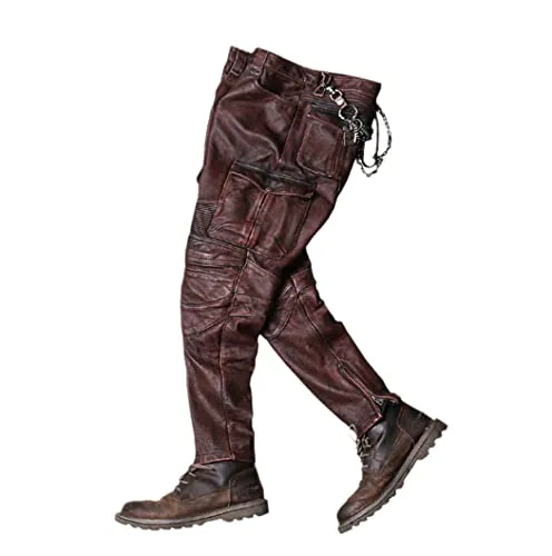 Haitpant Vintage Brown Men Biker's Leather Trousers Large Size Cowhide Leather Autumn Slim Fit Motorcycle Pants steampunk buy now online
