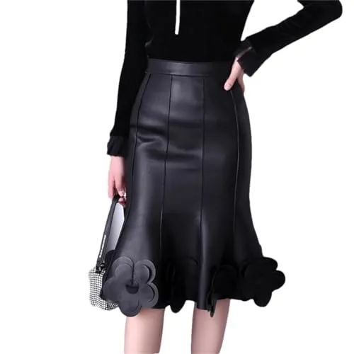 Alloaone Women Genuine Stylish High Waist 3D Flowers Black White Color Contrast Fishtail Leather Skirt Black Flower S steampunk buy now online