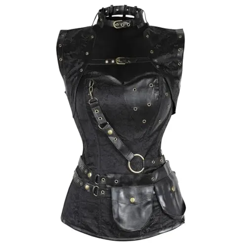 Women Steampunk Pirate Corset Gothic Leather Bustier With Jacket Belt Victorian Corset Halloween Costume steampunk buy now online