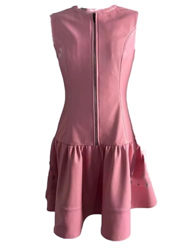 Women Round Neck Sleeveless Genuine Leather Pink Skirt Folded A-Line Pullover Vestido Mini Lambskin Dress Powder M steampunk buy now online