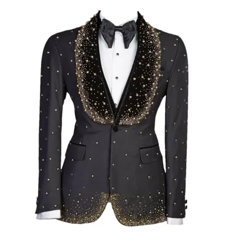 Luxury Men's Suits 3 Pieces Black Vest Pants One Button Wide Velvet Lapel Beads Pearls Diamonds Suits Sets steampunk buy now online
