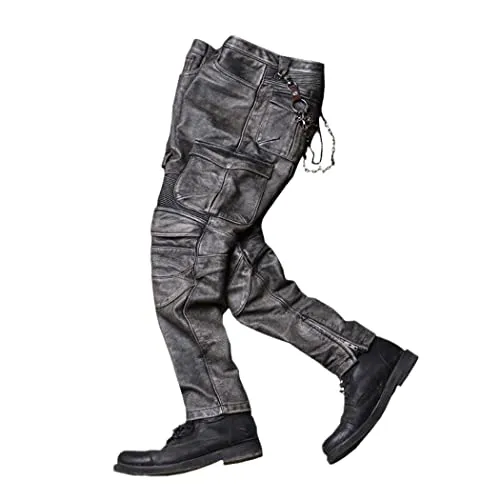 Haitpant Vintage Grey Men Biker Leather Trousers Large Size Genuine Cowhide Autumn Slim Fit Motorcycle Leather Pants steampunk buy now online