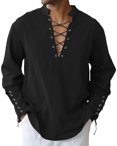 LVCBL Mens Shirts Fashion Linen Henley Shirt Medieval Steampunk Shirt Gothic Victorian Black 3XL steampunk buy now online