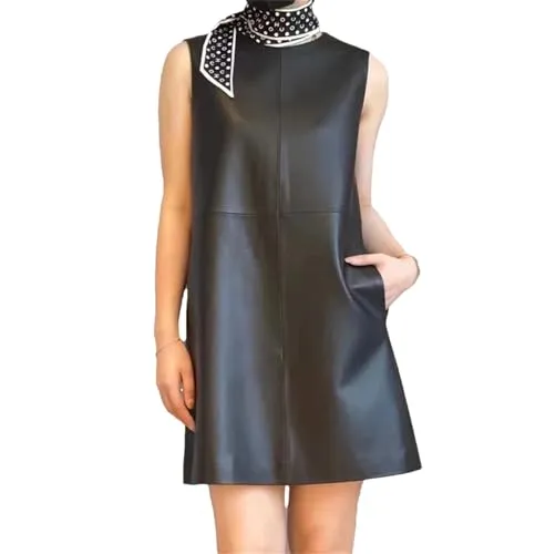 Alloaone Women Suede Leather Dress Round Neck Genuine Leather Straight Versatile Tank Top Mini Skirts Sheepskin Black L steampunk buy now online