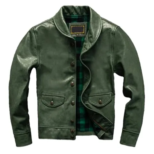 keusyoi Vintage Sheepskin Genuine Leather Jacket Lapel Single-Breasted Men's Short Slim Solid Color Leather Biker Jacket steampunk buy now online