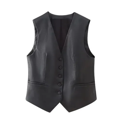 Women's Casual V-Neck Button Vest Solid Color Simple Soft Vest Black S steampunk buy now online