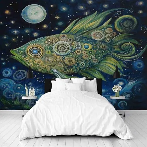 Dppyuxa Surreal Steampunk Fish 3D Effect Wall Murals for Bedrooms Midnight Blue Wallpaper Mural 500x280 cm Kids Living Room Home Decoration, Photo Wallpaper Mural Non-Woven steampunk buy now online