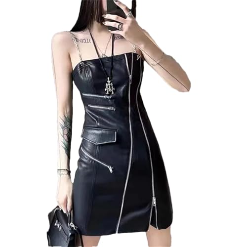 Alloaone Women Leather Dress Vintage Clothes Steampunk Slim Bodycon Metal Chain Sling Vestido Micro Skirts Black XL steampunk buy now online