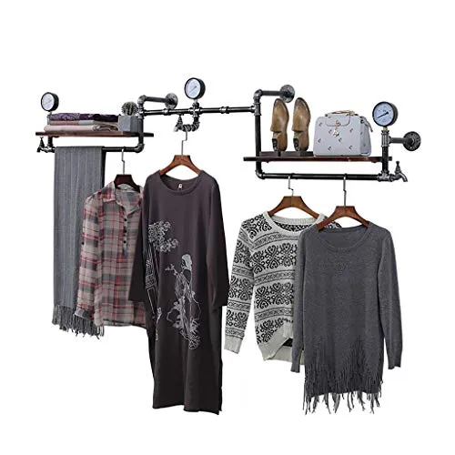 CUTPOIY Iron Pipe Wall-Mounted Wood Floating Shelf 2 Tiers Shelf with Clothes Rod Wall Clothes Rack,Industrial Style Clothing Display Rack (215×30×40cm) steampunk buy now online