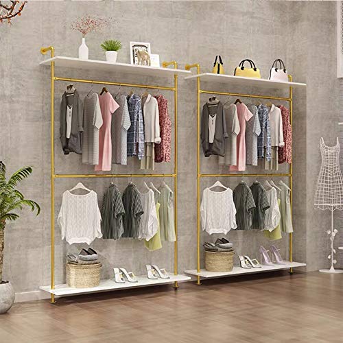MDEPYCO Modern Simple Industrial Pipe Double Hanging Rods Clothing Rack,Retail Display Wall Mounted Storage Clothes Hanging Shelf,2 Tier Wood Garment Rack (One Shelves,Gold, 47.2" L) steampunk buy now online