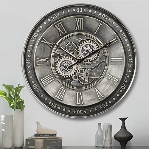 CLXEAST 24 Inch Large Moving Gear Wall Clock for Living Room Decor,Silver Metal Roman Numerals Wall Clocks Battery Operated, Wall Clock Decorative for Home Ofiice, Farmhouse Wall Decor steampunk buy now online
