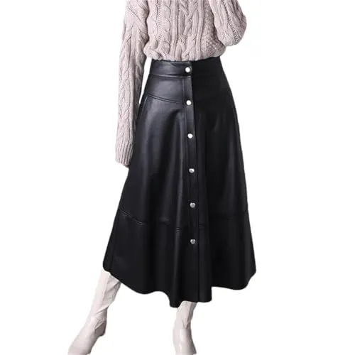 Women Genuine Leather Side Pocket Buttons A-Line Long Stylish Garment Wine Red Maxi Skirt Black 3XL steampunk buy now online