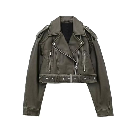 Mkjuuior Women's Washed Leather Jacket With Belt, Short Coat With Zipper And Vintage Lapel Jacket steampunk buy now online