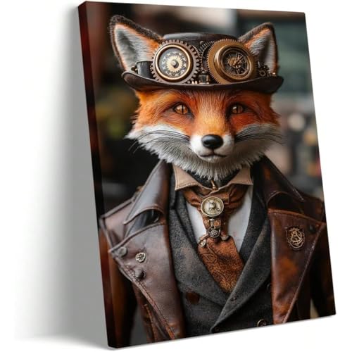 AIHNBF Steampunk Fox Portrait Canvas Wall Art, Dapper Gentleman Fox Print for Home Office, Unique Anthropomorphic Animal Decor, Canvas 80 x 120 cm steampunk buy now online