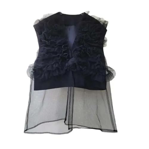 Women's V-Neck Sleeveless Solid Color Pleated Mesh Vest, Casual Vacation Vest Black One Size steampunk buy now online