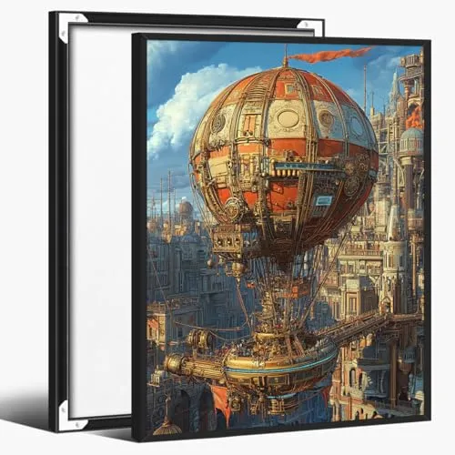 Steampunk Airship Expedition Wall Art – Vintage Industrial Fantasy Canvas Print, Retro Mechanical Balloon Painting for Office or Living Room Decor 60x90cm Black Frame steampunk buy now online