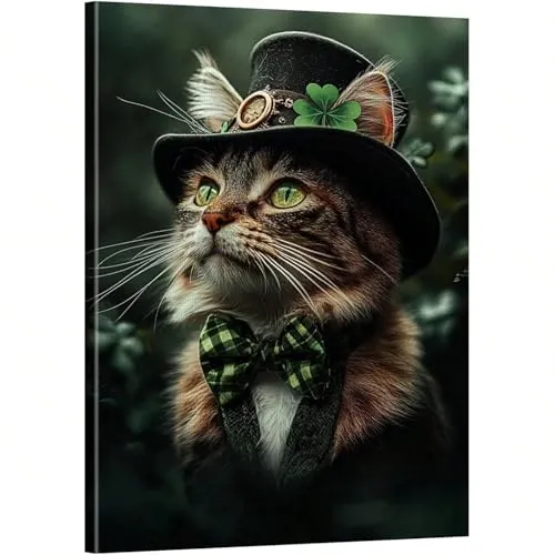 AIHNBF Cat Canvas Wall Art with Top Hat & Bow Tie, Feline Animal Print, Elegant Cat Portrait with Green Eyes & Shamrock, Whimsical Pet Decor for Living Room, Canvas 80 x 120 cm steampunk buy now online