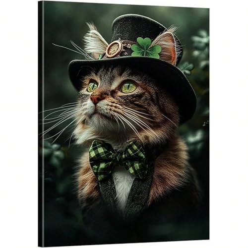 AIHNBF Cat Canvas Wall Art with Top Hat & Bow Tie, Feline Animal Print, Elegant Cat Portrait with Green Eyes & Shamrock, Whimsical Pet Decor for Living Room, Canvas 80 x 120 cm steampunk buy now online