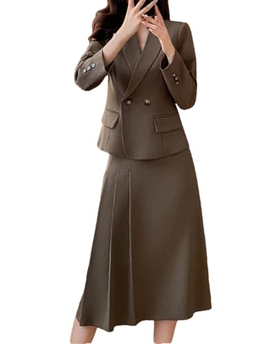 Women Elegant Two Piece Set Casual Fashion Office Slim Fit Single Breasted Blazer Jacket Skirt Suit Coffee steampunk buy now online