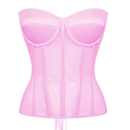 Fulbant Women's Sexy Off The Shoulder Transparent Mesh Lace Up Steel Boned Corset Bra Waist Training Corset steampunk buy now online