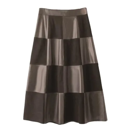 Alloaone Women French Elegant Suede Leather Patchwork Umbrella Checkered Genuine Leather Skirt Coffee L steampunk buy now online