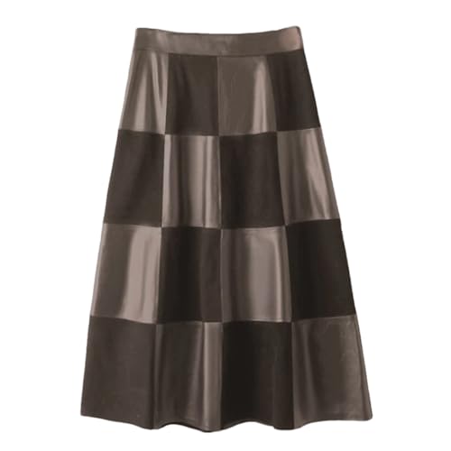 Alloaone Women French Elegant Suede Leather Patchwork Umbrella Checkered Genuine Leather Skirt Coffee L steampunk buy now online