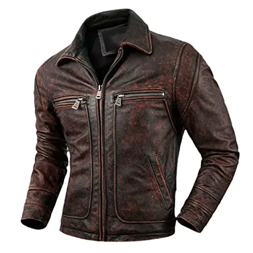 keusyoi Fashion Leather Jacket Slim Mens Distressed Genuine Leather Brown Motorcycle Leather Jacket steampunk buy now online