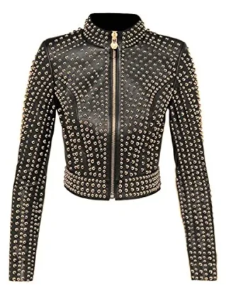 Womens Black Studded Leather Brando Golden Studs Spikes Rock Steam Punk Style steampunk buy now online